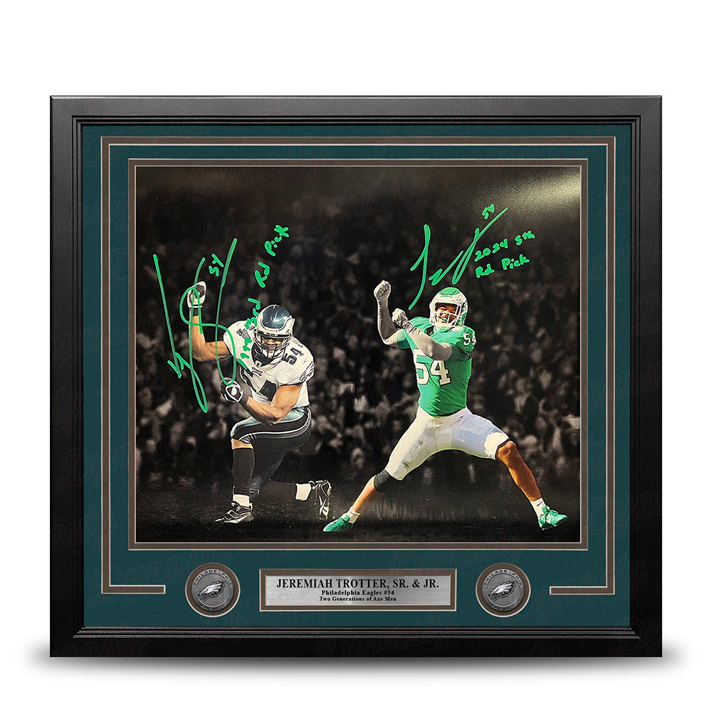 Jeremiah Trotter Sr & Jr Philadelphia Eagles Autographed 16x20 Framed Photo with Draft Inscriptions