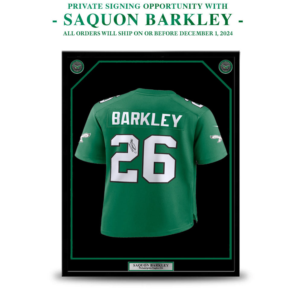 Saquon Barkley Autographed Kelly Green Philadelphia Eagles Framed Nike Jersey | Pre-Sale Opportunity (Copy)