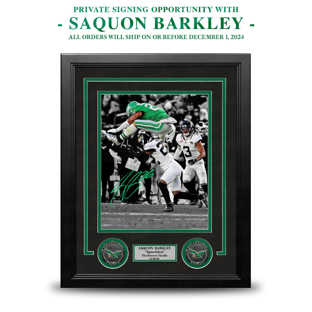 Saquon Barkley Autographed Reverse Hurdle Framed Photo | Pre-Sale Opportunity