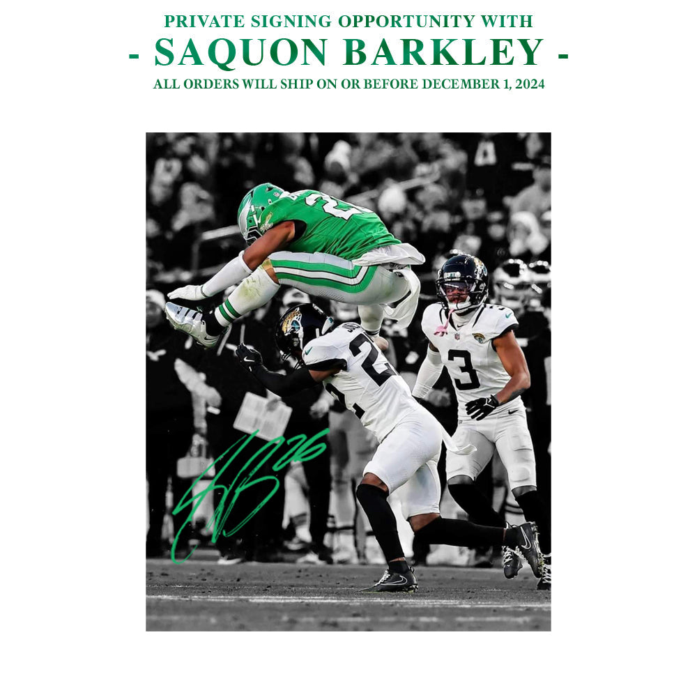 Saquon Barkley Autographed Reverse Hurdle Photo | Pre-Sale Opportunity