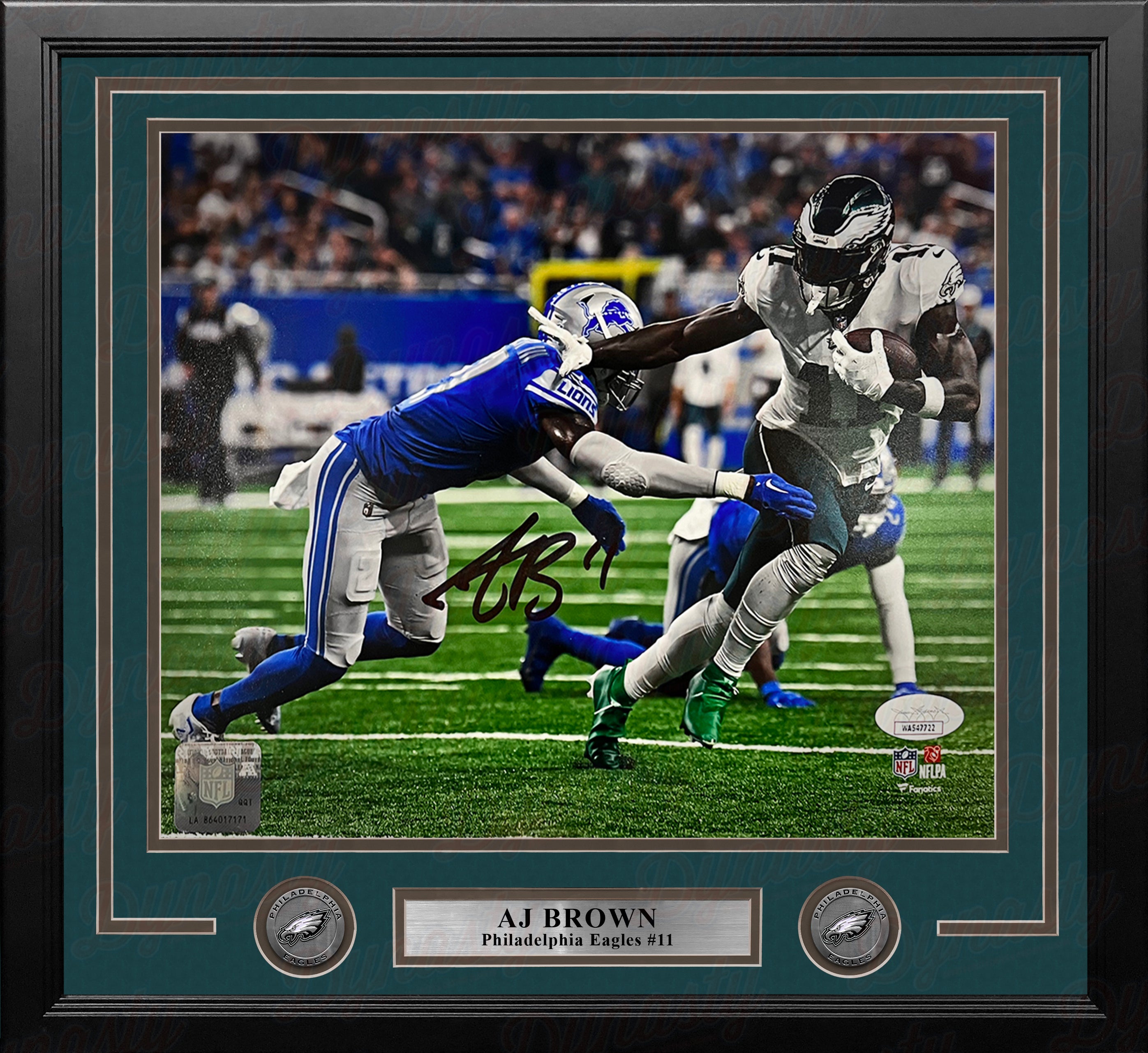 AJ Brown Blocks a Tackle Philadelphia Eagles Autographed Framed Football  Photo - 11x14 Framed Photo (Black Signature)