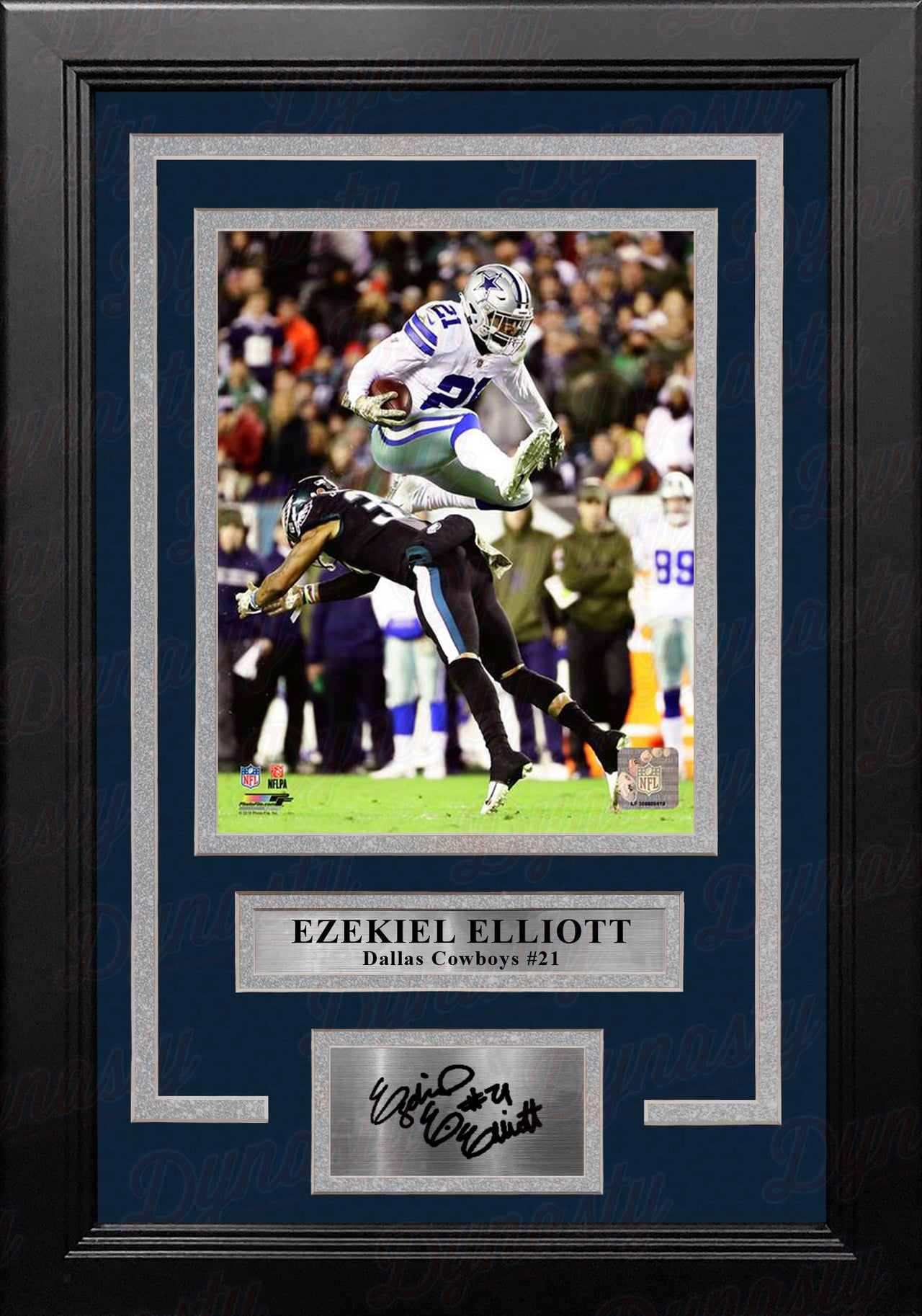 Ezekiel Elliott v. The Eagles Dallas Cowboys NFL Football Framed Photo with Engraved Autograph - Dynasty Sports & Framing 