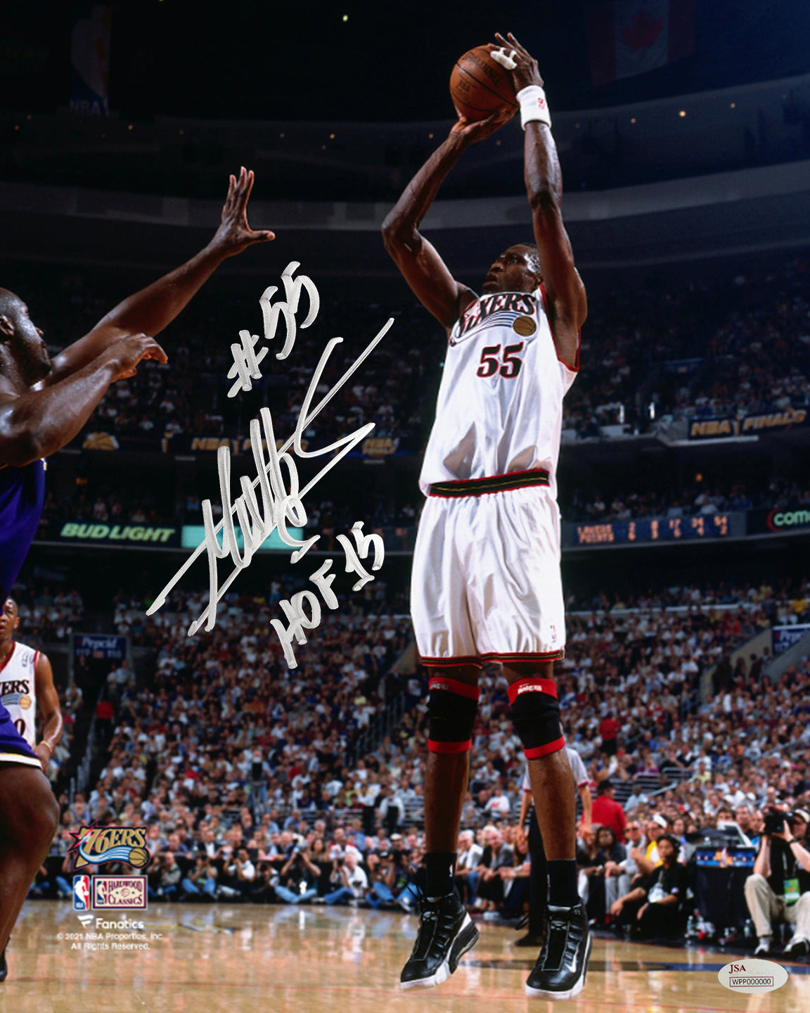 Dikembe Mutombo v Shaq Philadelphia 76ers Autographed Basketball Photo Inscribed Hall of Fame - Dynasty Sports & Framing 