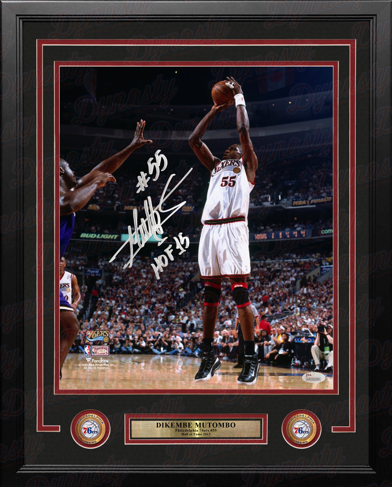 Dikembe Mutombo v Shaq Philadelphia 76ers Autographed Framed Basketball Photo Inscribed Hall of Fame - Dynasty Sports & Framing 